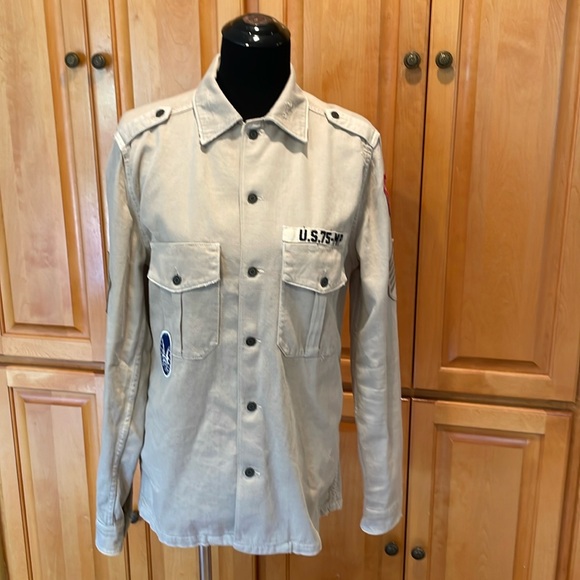 Zara Denim Relaxed Fit Distressed Light Khaki Military Jacket Size S - Picture 1 of 11